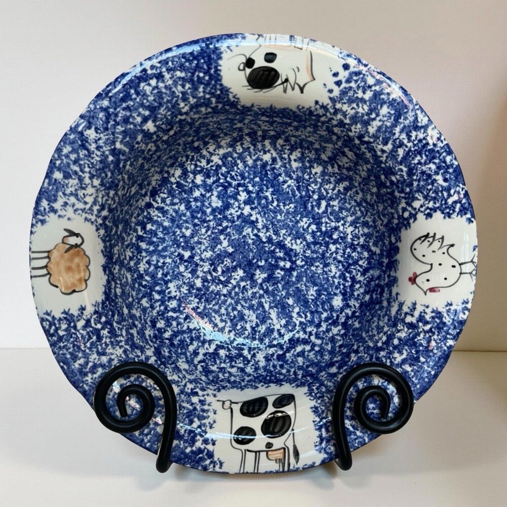 Molly Dallas Blue Spatterware Pottery - Extra Large Serving Bowl Dish - 11.5" D